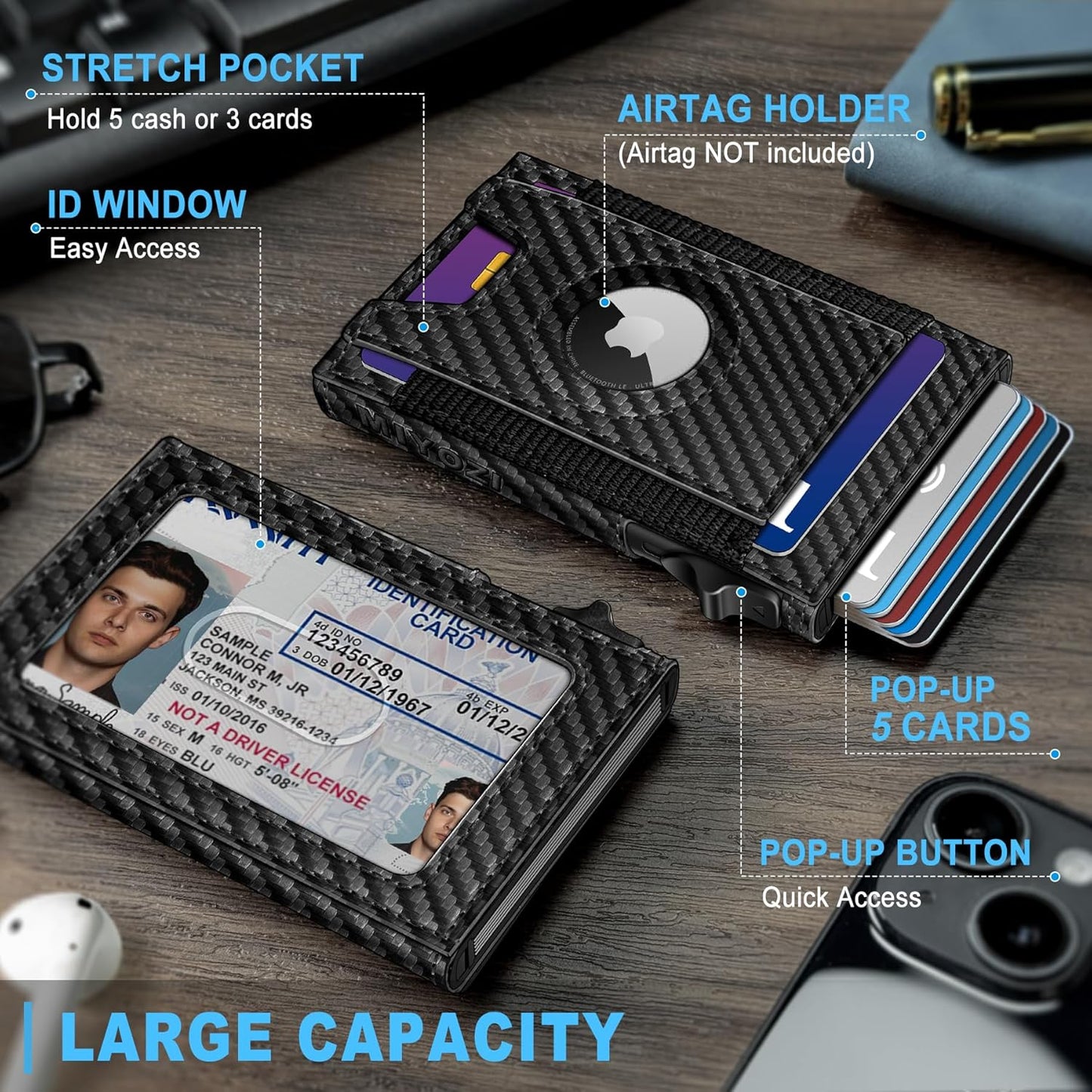 Airtag Wallet for Men, Slim Pop Up Credit Card Holder RFID Blocking Mens Minimalist wallet for 7-9 Cards ID Window, with Gift Box