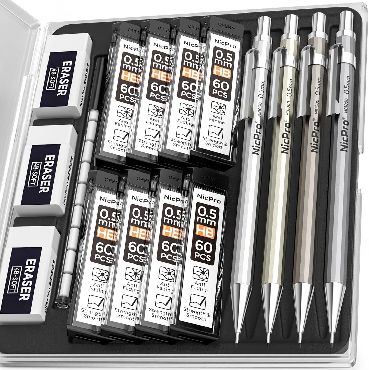 Nicpro 4 Pack Mechanical Pencil 0.5 mm with Case, MB1000 Metal Mechanical Pencil Set with 8 Tube HB #2 Lead Refill 0.5mm, 3PCS 4B Eraser, 9 Cap Eraser for Artist Drafting Writing, Sketching, Drawing