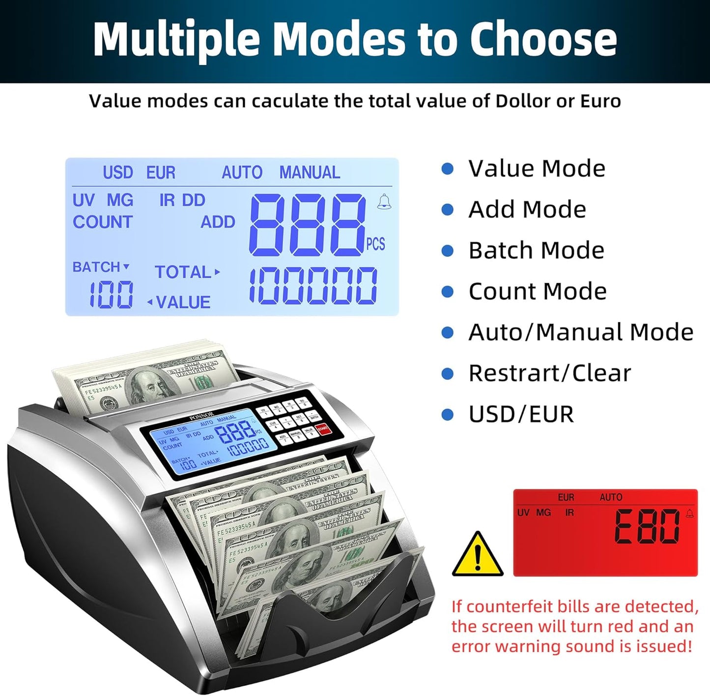 PONNOR Money Counter Machine with Value Bill Count, Cash Counter for Dollar, Euro with UV/MG/IR/DD/DBL/HLF/CHN Counterfeit Detection, Add/Bat/Value Mode Bill Counting Machine with Large LCD Display