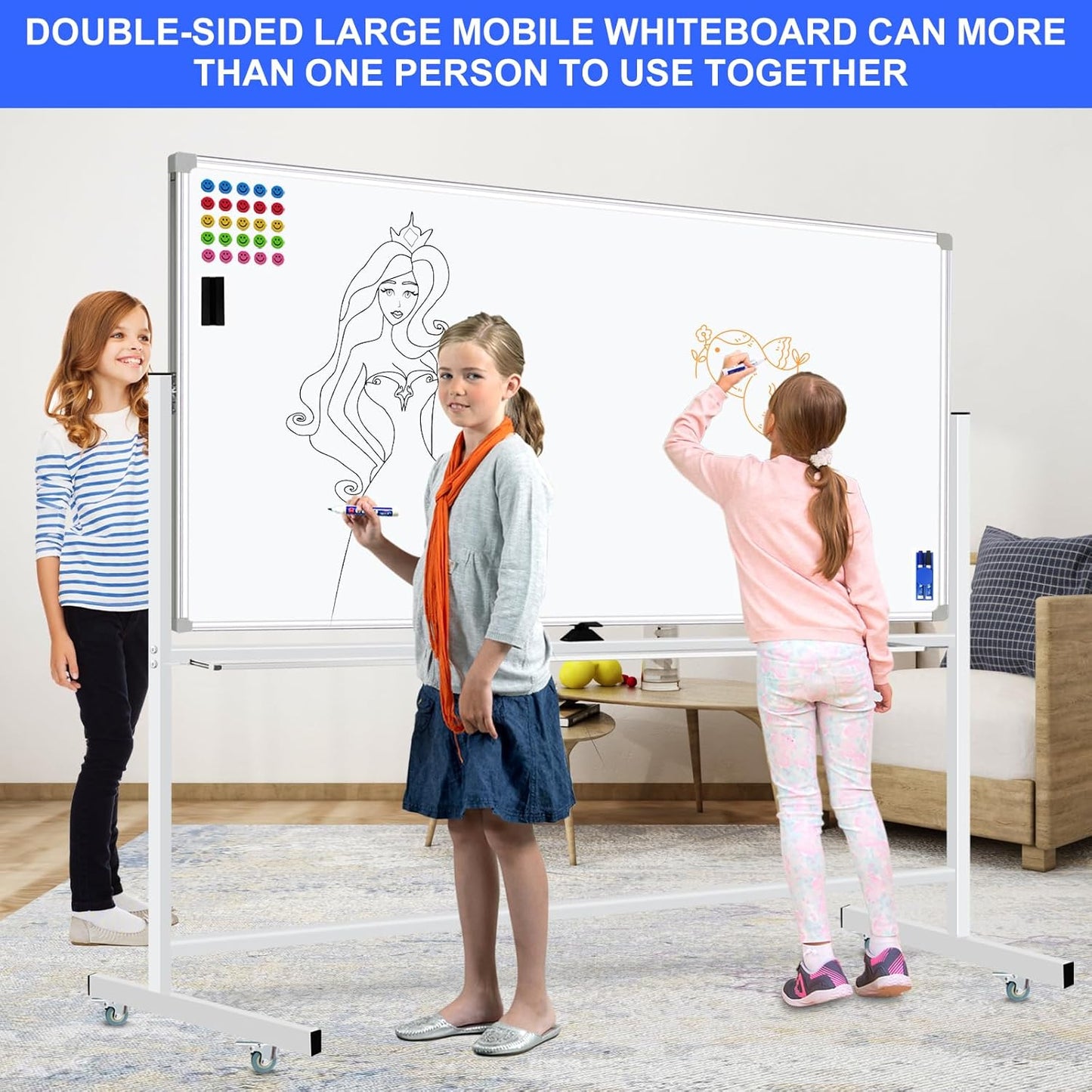 Mobile Magnet Large Whiteboard with Stand 72x40 Double-Sided Dry Erase Board with Stand - Magnetic Portable Standing Whiteboard - Rolling White Boards with Easy Flip Feature