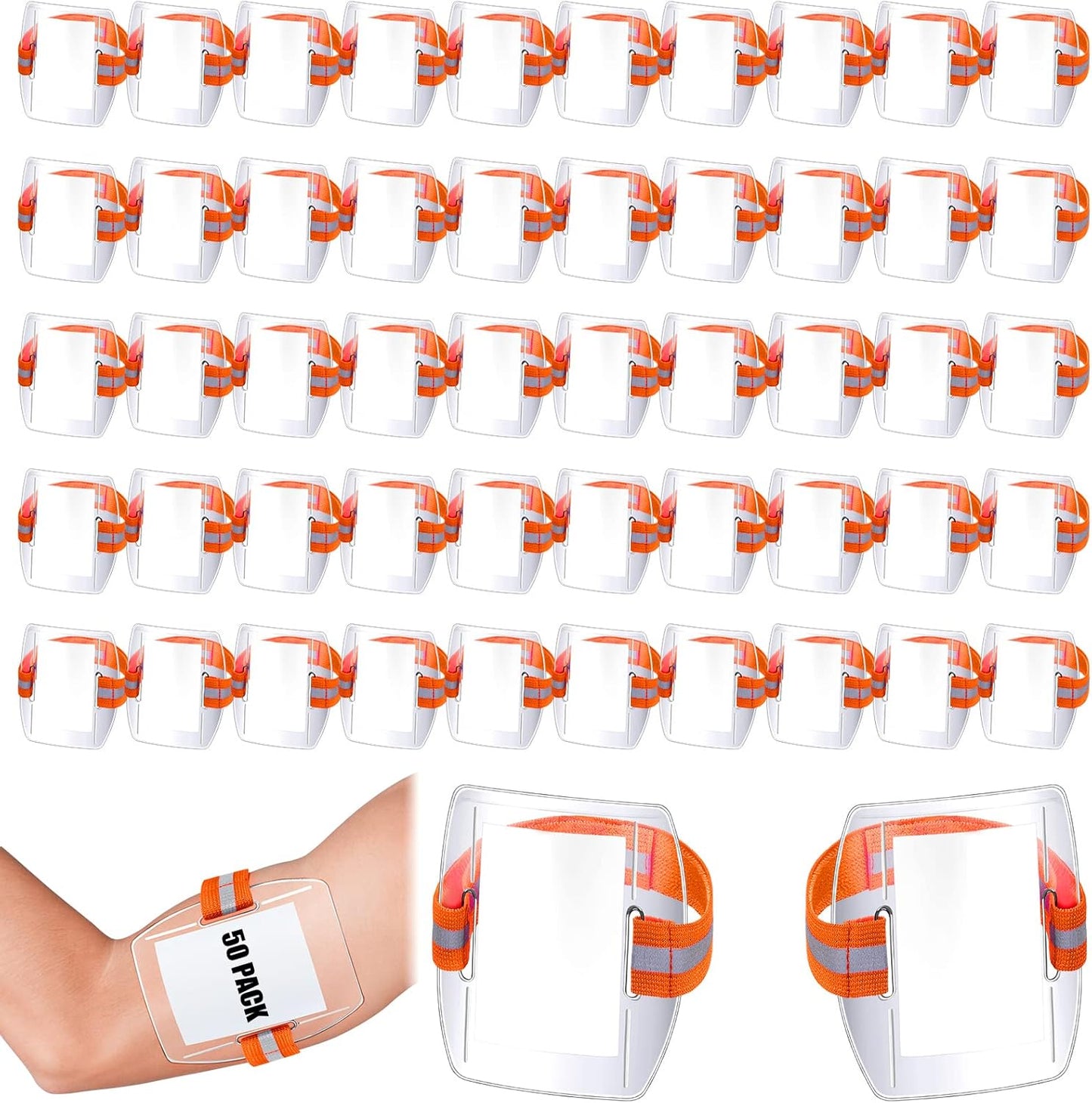 Meanplan 50 Pcs Arm Badge Holder Armband ID Badge Holder Bulk Visibility PVC with Adjustable Belt Elastic Armband Clear Name Tag for Work Pass, Postcards, Universal Size(Orange)