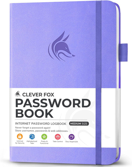 Clever Fox Password Book with alphabetical tabs. Internet Address Organizer Logbook. Medium Password Keeper for Website Logins (Lavender)