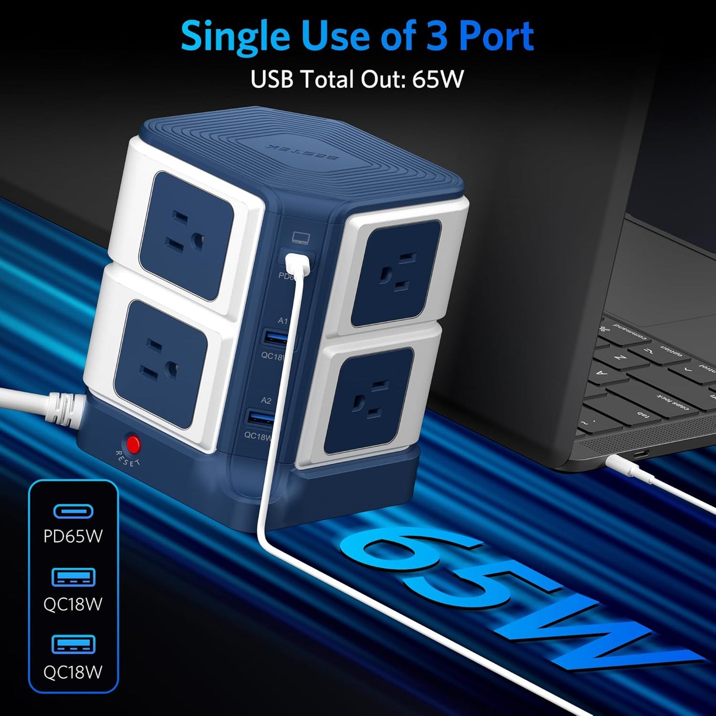 BESTEK PD 65W USB Power Strip Tower Surge Protector, Desktop Charging Station with 8-Outlet Widely Spaced AC Outlets with 2 USB-A USB-C PD3.0 Ports, 4.9ft Heavy-Duty Extension Cord for Home Office