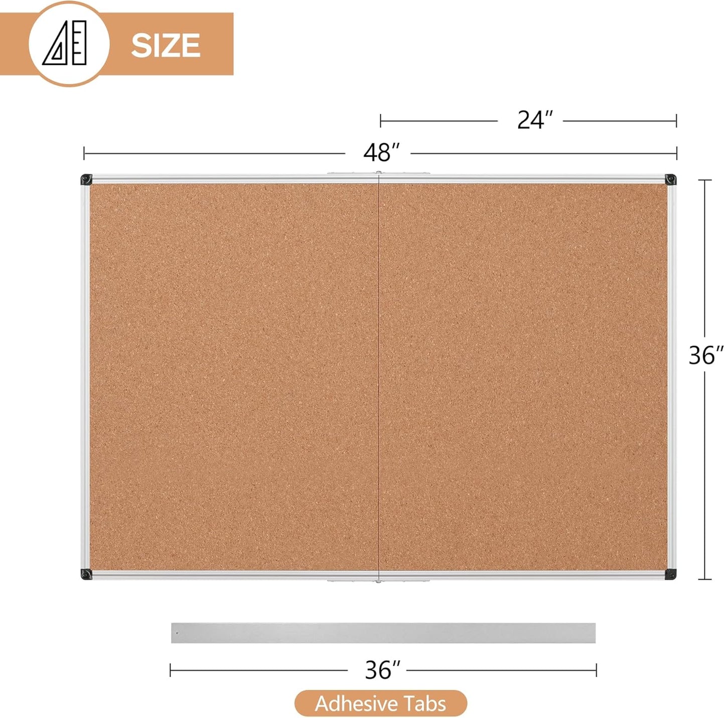 Board2by Cork Board Bulletin Board 36 x 48, Silver Aluminium Framed 4x3 Corkboard, Foldable Office Board for Wall, Large Wall Mounted Notice Pin Board with 36 Push Pins for School, Home & Office