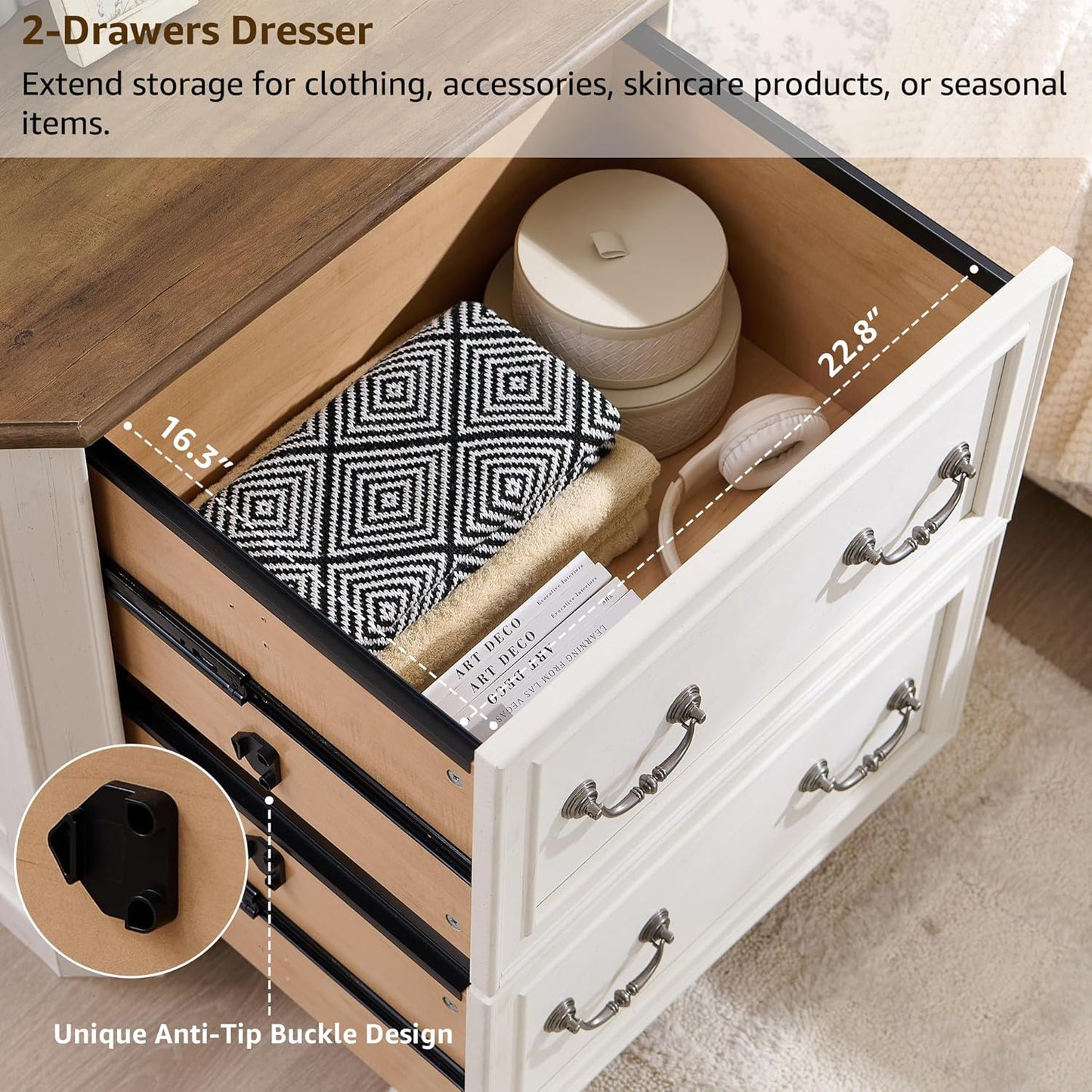 T4TREAM 2 Drawer File Cabinet Set of 2, 30" Wide Wooden Extended Desktop, Farmhouse Filing Cabinet with Smooth Rails, Holds Letter/Legal/A4, Hexagonal Design & Framed Drawer Fronts, Antique White