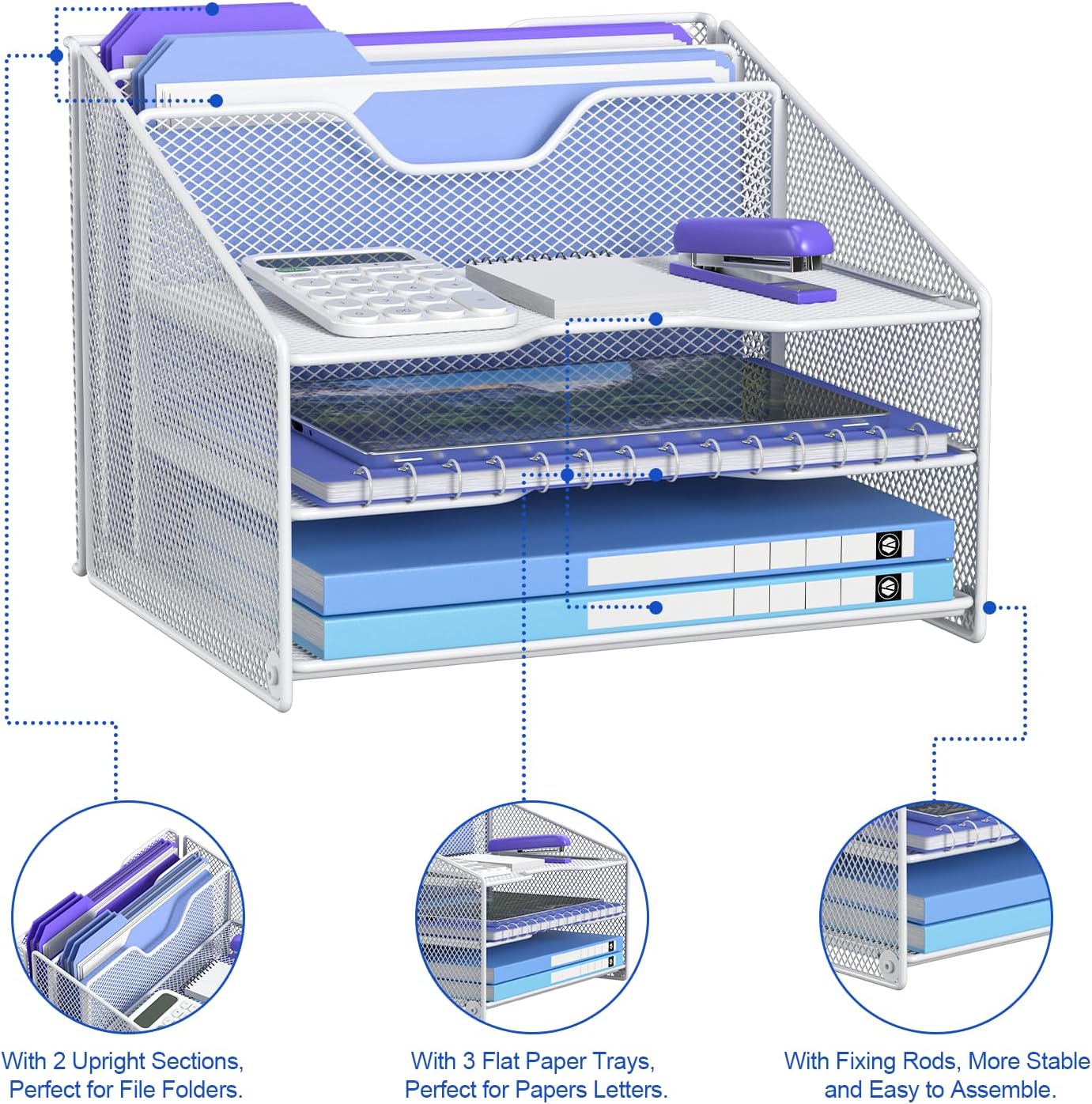 samstar White Desk File Organizer, Mesh Letter File Folder Holder with 3 Paper Trays and 2 Vertical Upright Section, for Office Supplies, Desk Accessories & Workspace, White
