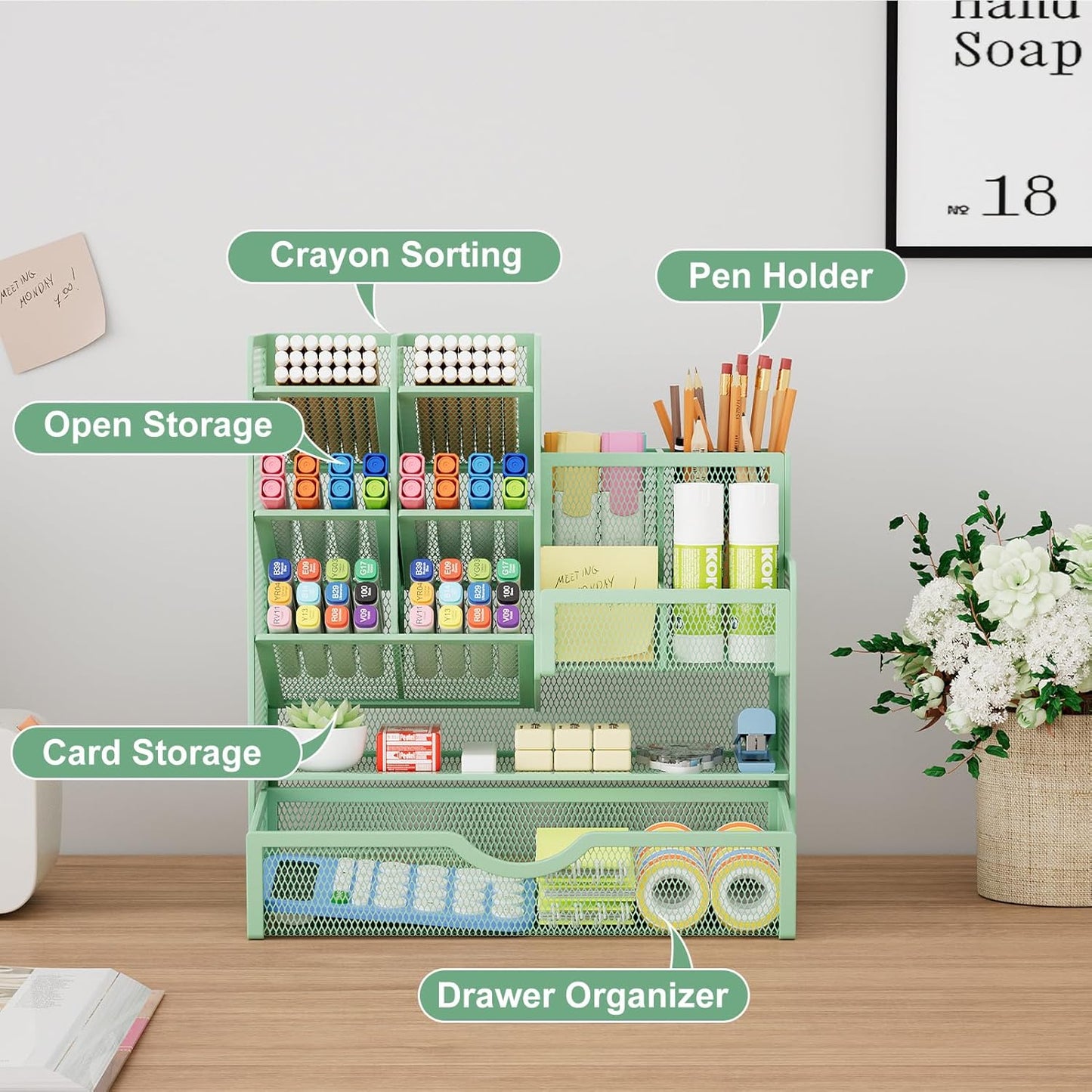 Marbrasse Mesh Pen Holder for Desk, Multi-Functional Pencil Organizer with Drawer, Desk Organizers and Accessories for Office Art Supplies (Green)