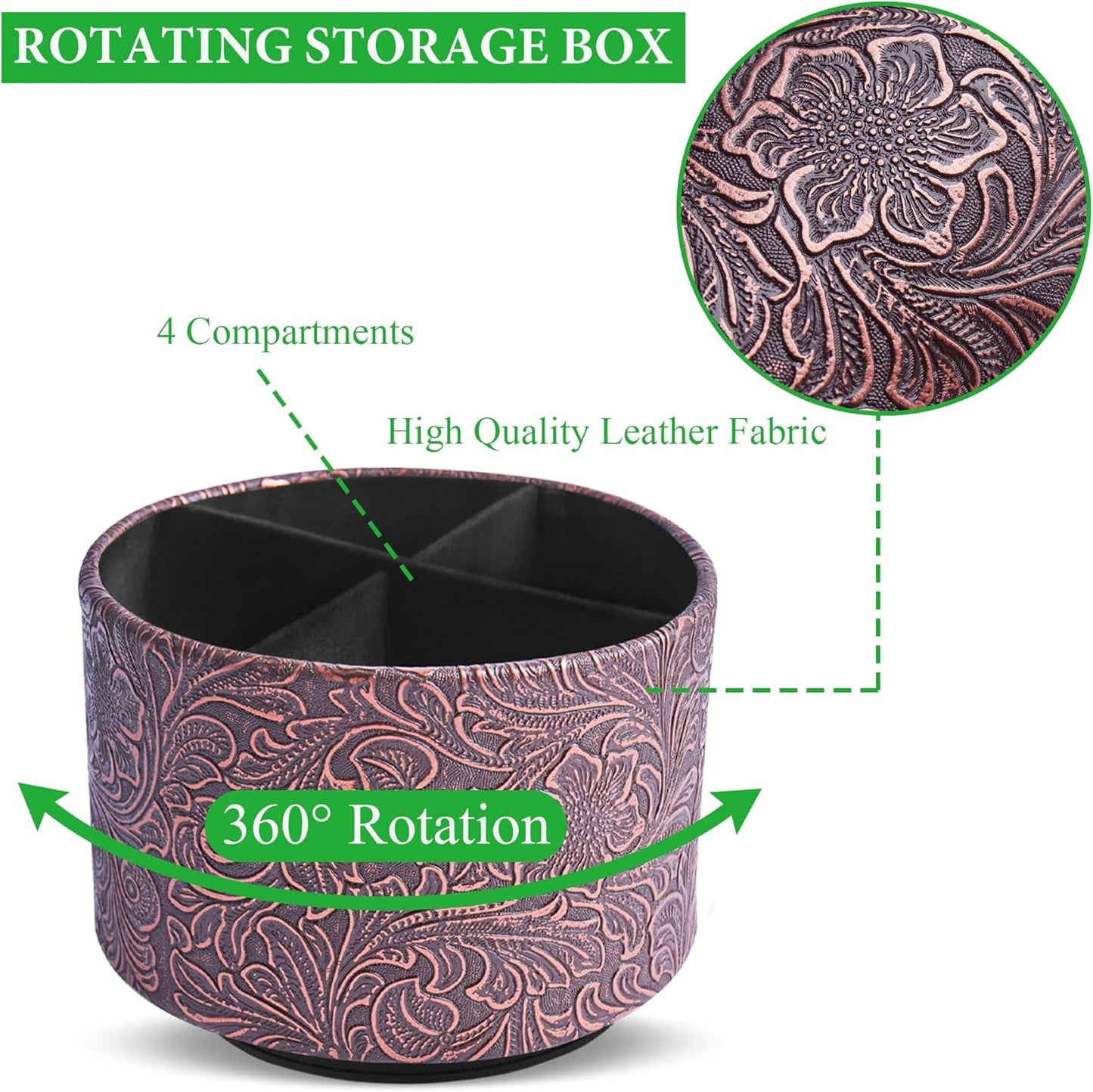 lizimandu Round Leather Art Supply Organizer,Remote Control Holder,360 Degree Spinning,Multi-Functional Pencil Holder,4 Compartments Desktop Stationary Organizer(1-Carved Cooper Red)