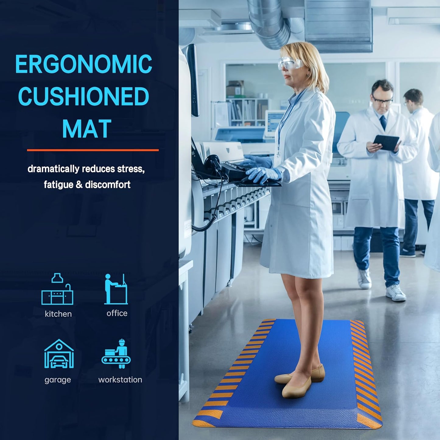 FEATOL Anti Fatigue Mats Industrial 2 Packs, Ergonomic Standing Floor Mat for Work for Stand, Blue with Yellow Border Safety 20" x 39"-Support for Leg & Back Pain