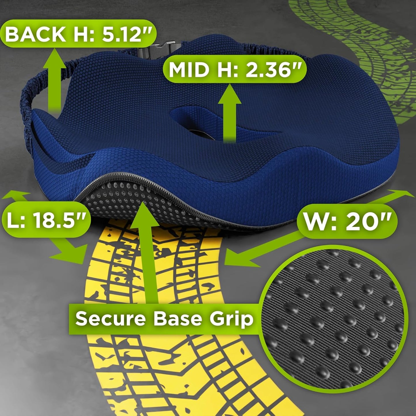 Large Truck Seat Cushion for Truck Driver Seat Cushion - Upgraded Back Support, CertiPUR-US® Certified - Thick Memory Foam, Pain Relief for Hours of Driving, Trucker Approved Big Rig - Navy