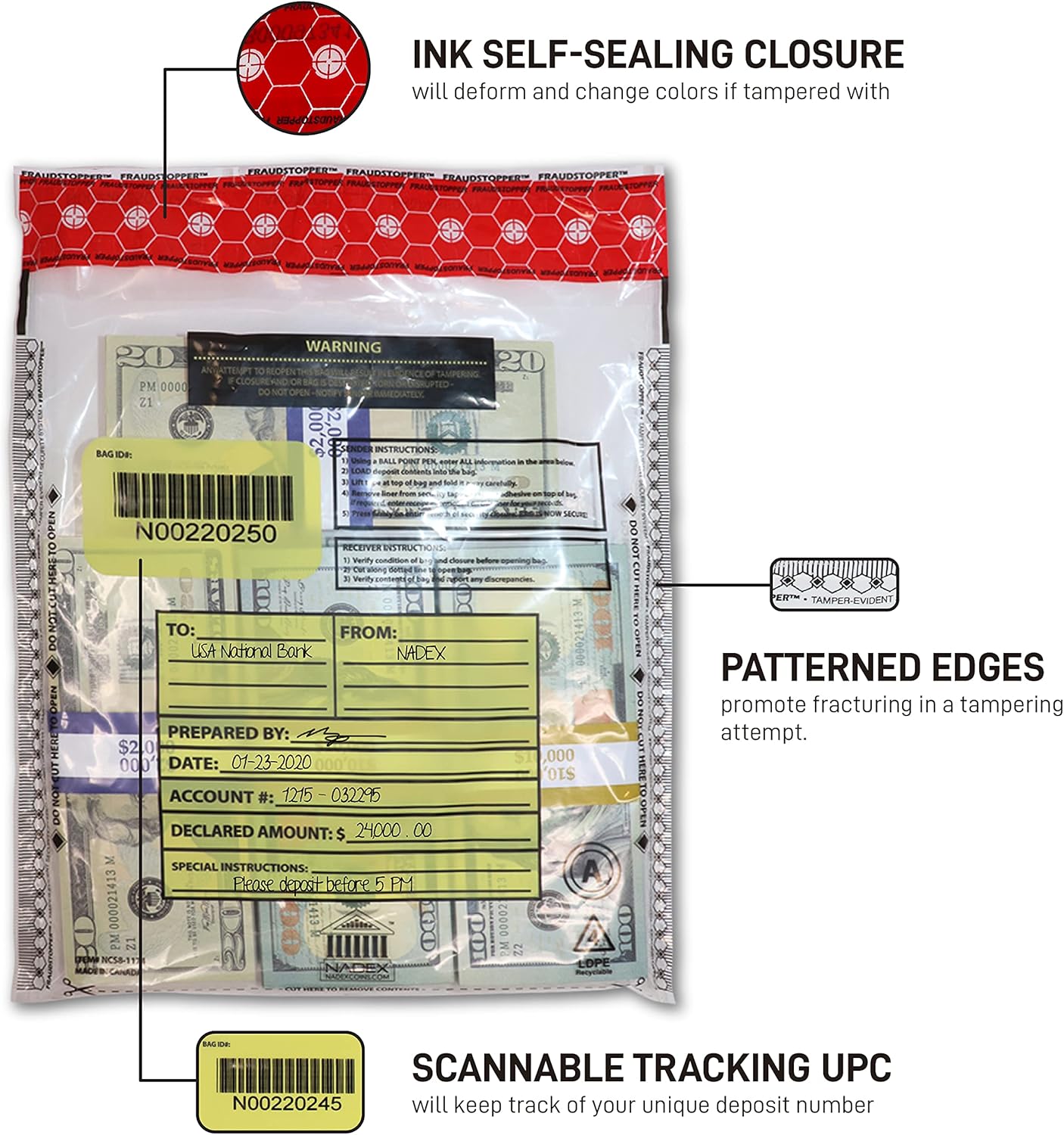 Nadex 9 x 12 Inch Tamper Evident Bank Deposit Bags with FRAUDSTOPPER Level 4 Security, 500 Pack (Clear)