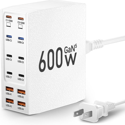 Charging Station (600W),12-Port USB C Charger Block with Dual 100W PD USB-C Fast Charging Station Hub for MacBook Pro/Air/All iPad iPhone 17/16 15/14/13/Pro Max/Samsung Galaxy Note(White)