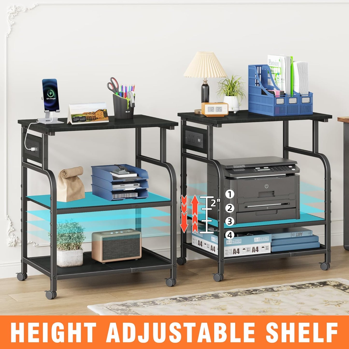 3 Tier Large Printer Stand with Power Outlet/Adjustable Storage Shelf, Rolling Cart with Wheels, Printer Table for Home Office 3D Printer/Heat Press/Laster, 22"×15" Black