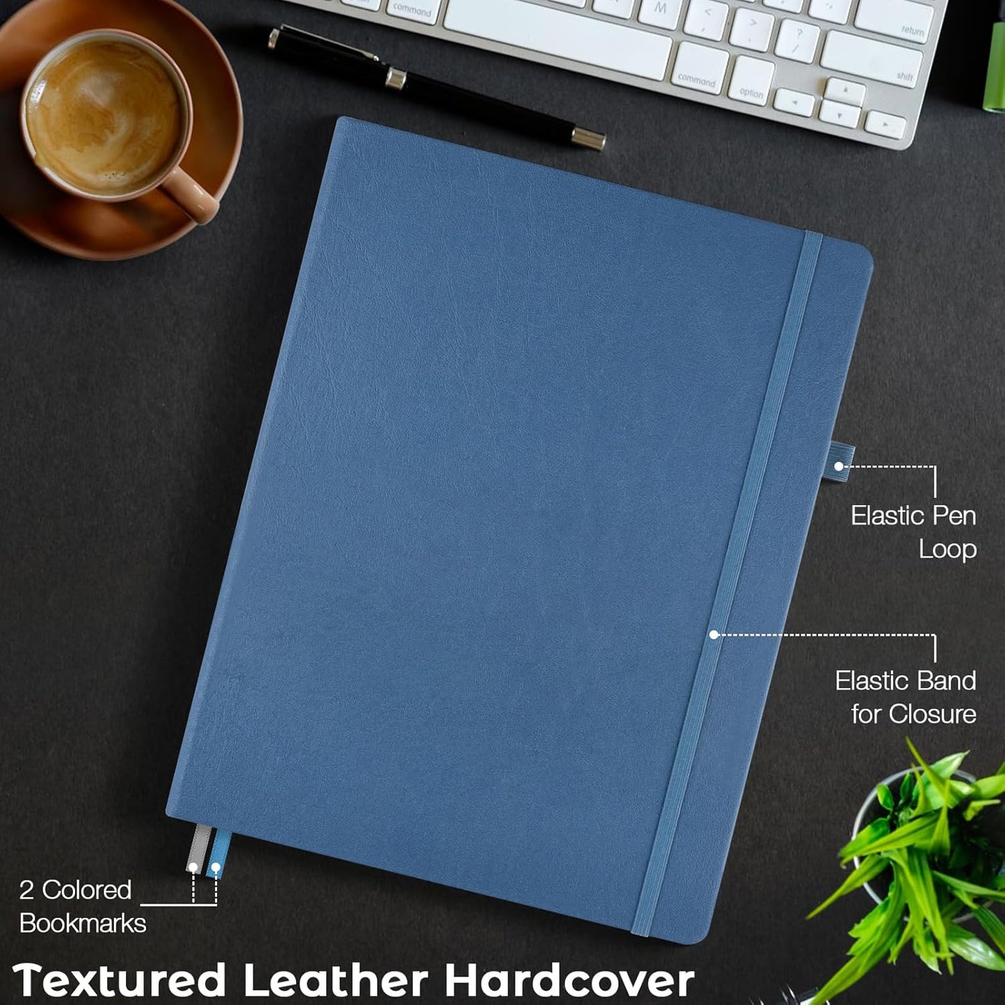 Lined Journal Notebook, 8.5" x 11" Hardcover Leather Notebook for Work, Wide Ruled Notebook Journal for Women Men, 192 Thick Paper, Lay Flat, 2 Pockets, A4 Large Journals for Writing, Blue Notebook