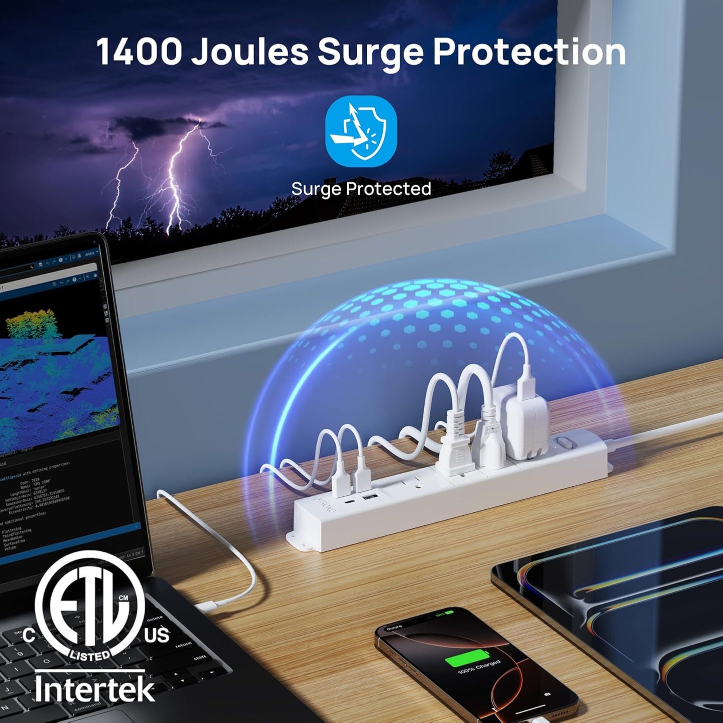 TROND Surge Protector Power Strip with USB, Ultra Thin Flat Plug 10ft Long Extension Cord 1625W, 3 USB A & 1 Type C, 4 AC Outlets 1440J Surge Protection Wall Mount for Home Office Dorm Room, White