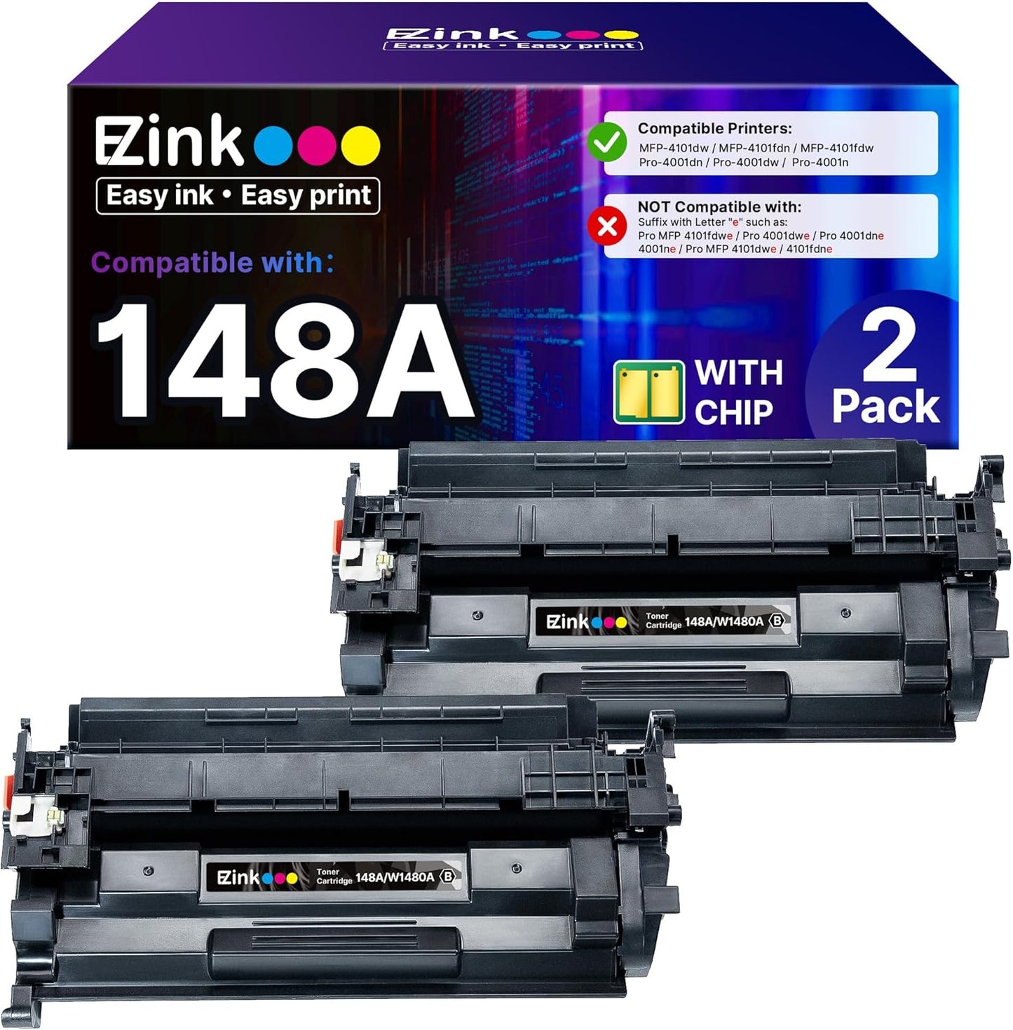 E-Z Ink 148A Toner Cartridge (with Chip) Replacement for HP 148A Toner Cartridge W1480A 148X W1480X to Use with Pro MFP 4101fdn 4101fdw 4001dn 4001n Printer (Black, 2 Pack)