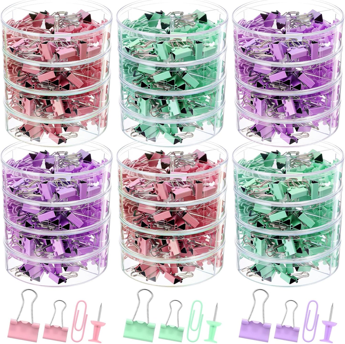 1560 Pcs Paper Clips and Binder Clips Assorted Sizes, Large Medium Small Binder Clip Paperclips Thumb Tacks, College Supplies Home Office Supplies Document Organizing(Pink, Purple, Green)