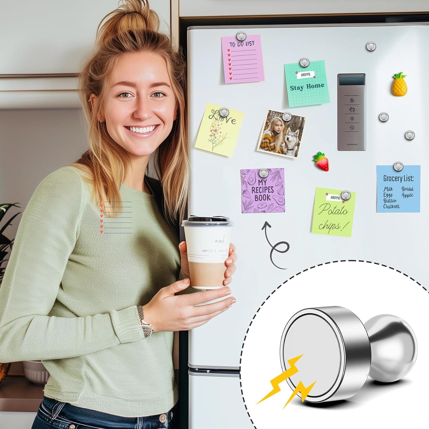 FINDMAG 100Pcs Fridge Magnets, Strong Neodymium Push Pin Magnets for Whiteboard, Ideal for Refrigerator, Kitchen, Classroom, Locker Accessories (Sliver)