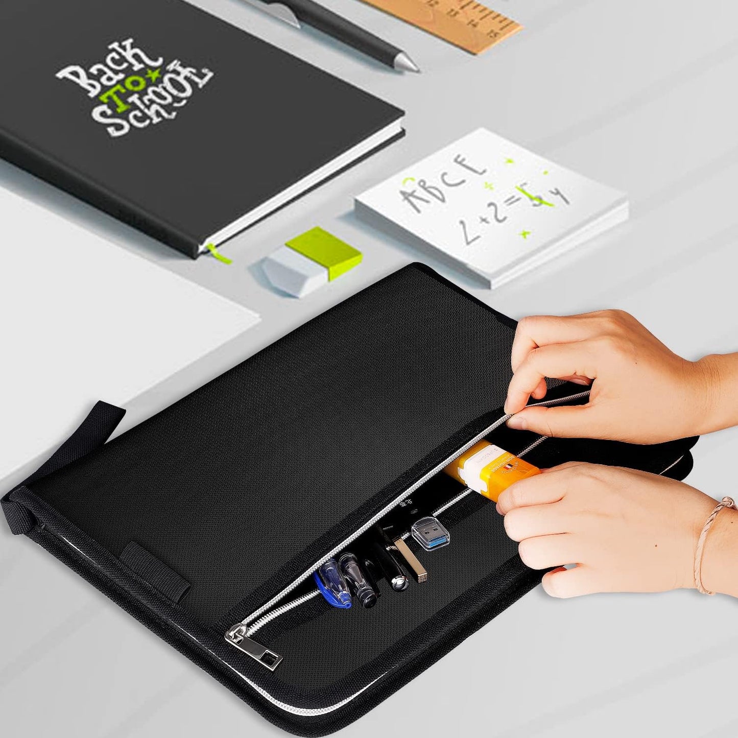 Fireproof Safe Accordion File Organizer Bag Folder,Waterproof Expanding Filing Folder with 14 Pockets, A4 Letter Size, Document Organizer Holder and Color Labels /2 Zipper (Black 14.3" x 9.8")