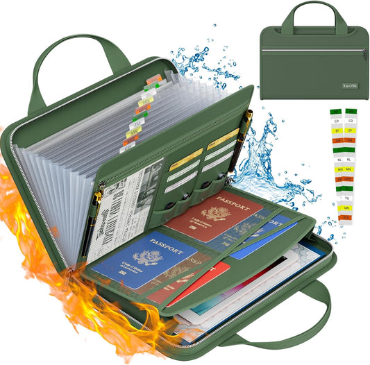 Tamfile Fireproof Accordion File Organizer with Handle, 13 Pocket Expanding File Folder with Zipper & Labels, File Folder with Multi-Pockets Paper Organizer Folder for Letter A4 Files, Green