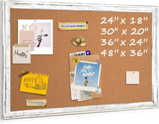 Bulletin Board, 36" x 24", Cork Board for Wall, Rustic White Wooden Frame, Hanging Pin Board for Home & Office Decor, 10 Push Pins