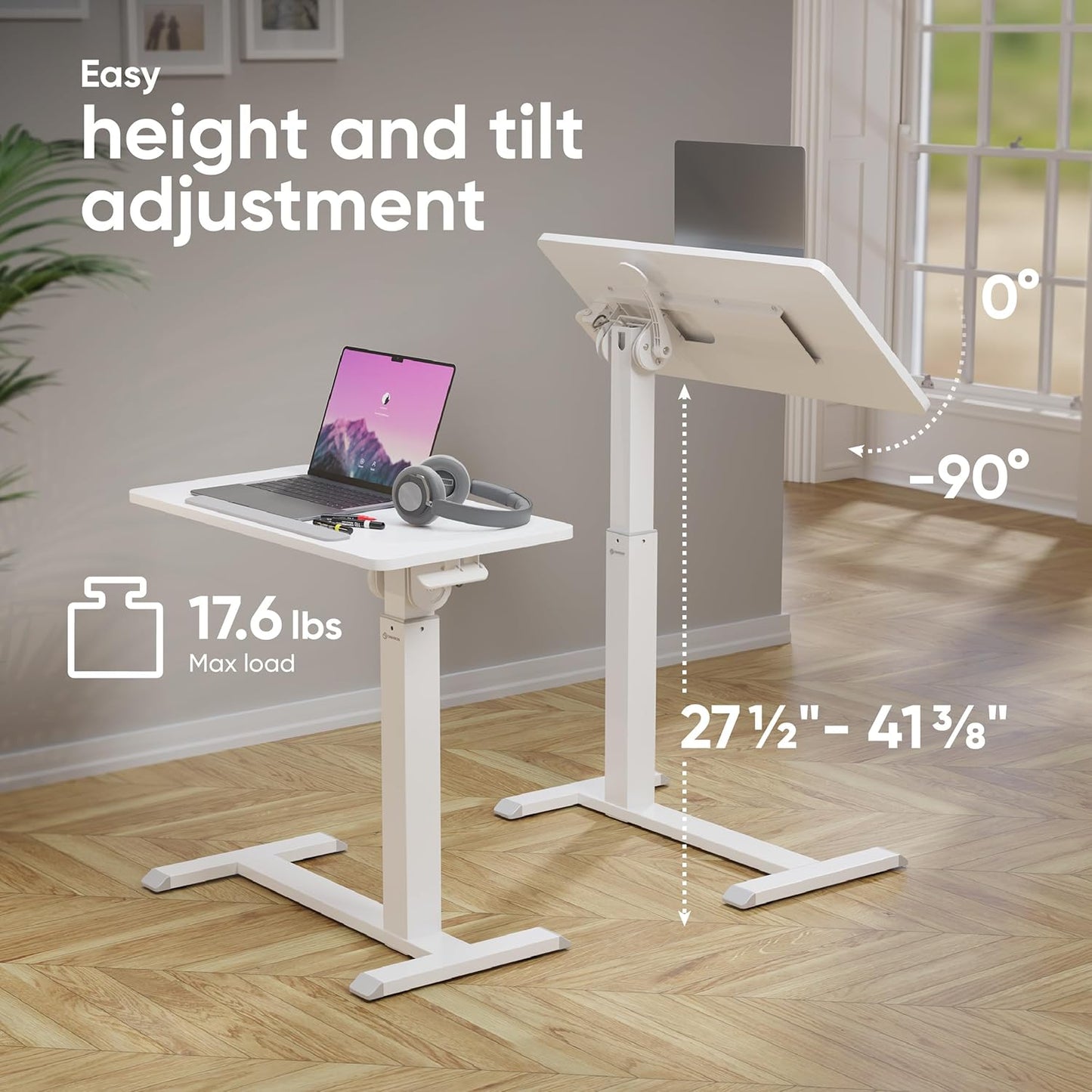 ONKRON Laptop Cart on Wheels, max Load up to 17.6 lbs, Small Rolling Table with Hidden Wheels, Mobile Standing Desk Adjustable Height, 90° Tilting Portable Workstation, Overbed Bedside Desk White