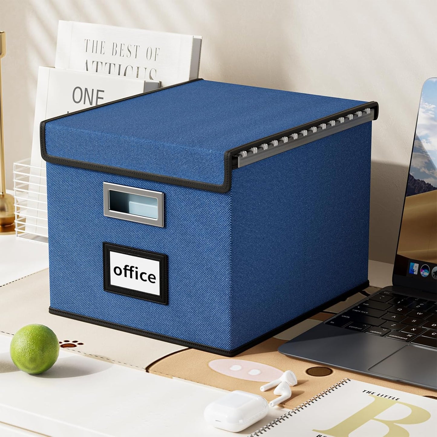 Huolewa Decorative File Organizer Boxes Office Document Storage with Lids, Portable Collapsible Linen Hanging Filing & Storage Boxes for Office/Decor/Home (Royal Blue) -14.9 x 12.7 x 10.8 inch -2 Pack