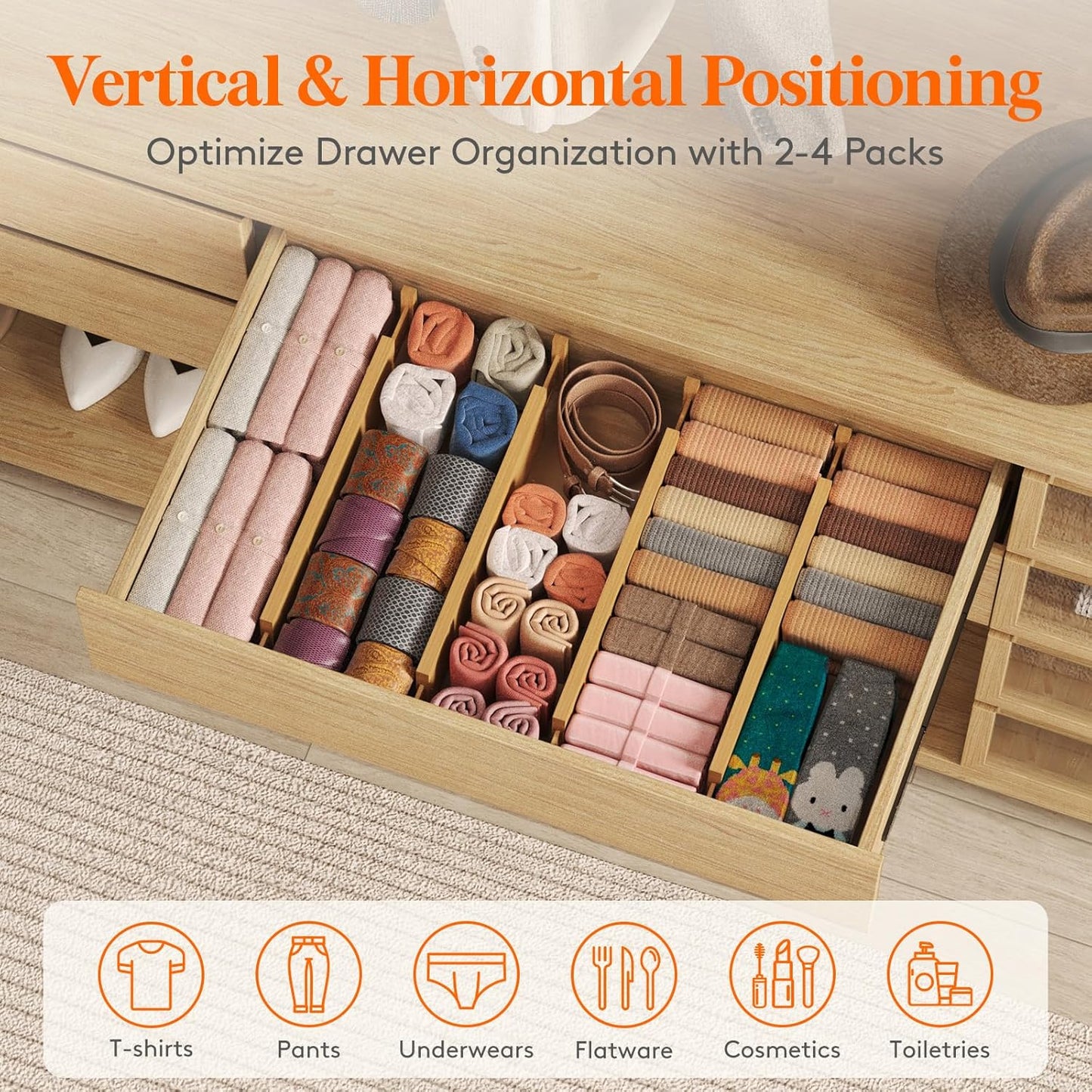 Lifewit 4 Pack Drawer Dividers Bamboo 4" High, 16-22" Adjustable Drawer Organizers for Clothes, Expandable Dresser Separators in Bedroom/Bathroom/Kitchen/Fridge/Office Organization and Storage