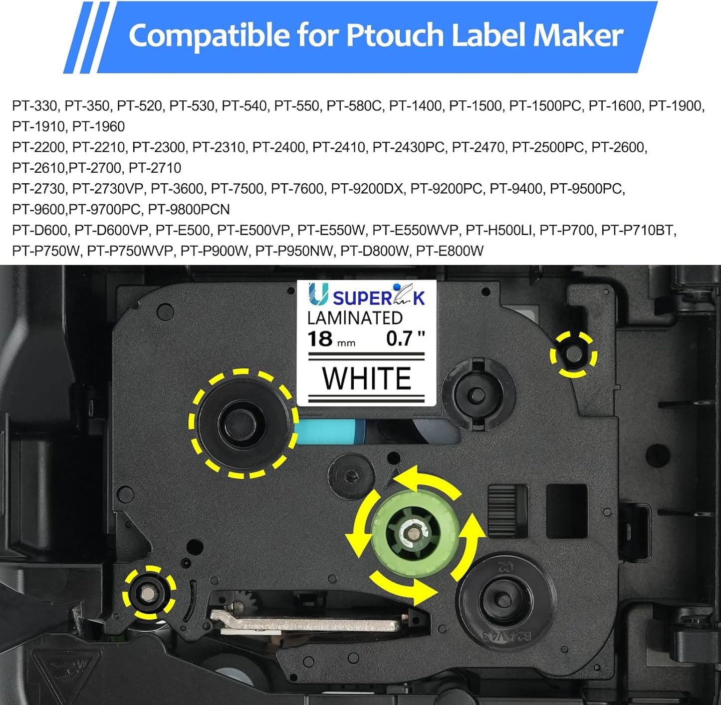 6PK 18mm 0.7'' Laminated White Tape Compatible for Brother P-Touch Label Maker Tape TZe-241 TZe TZ Label Tape TZ-241 TZe241 TZ241 Black on White for PT-D400 D410 D600 D610BT D460BT