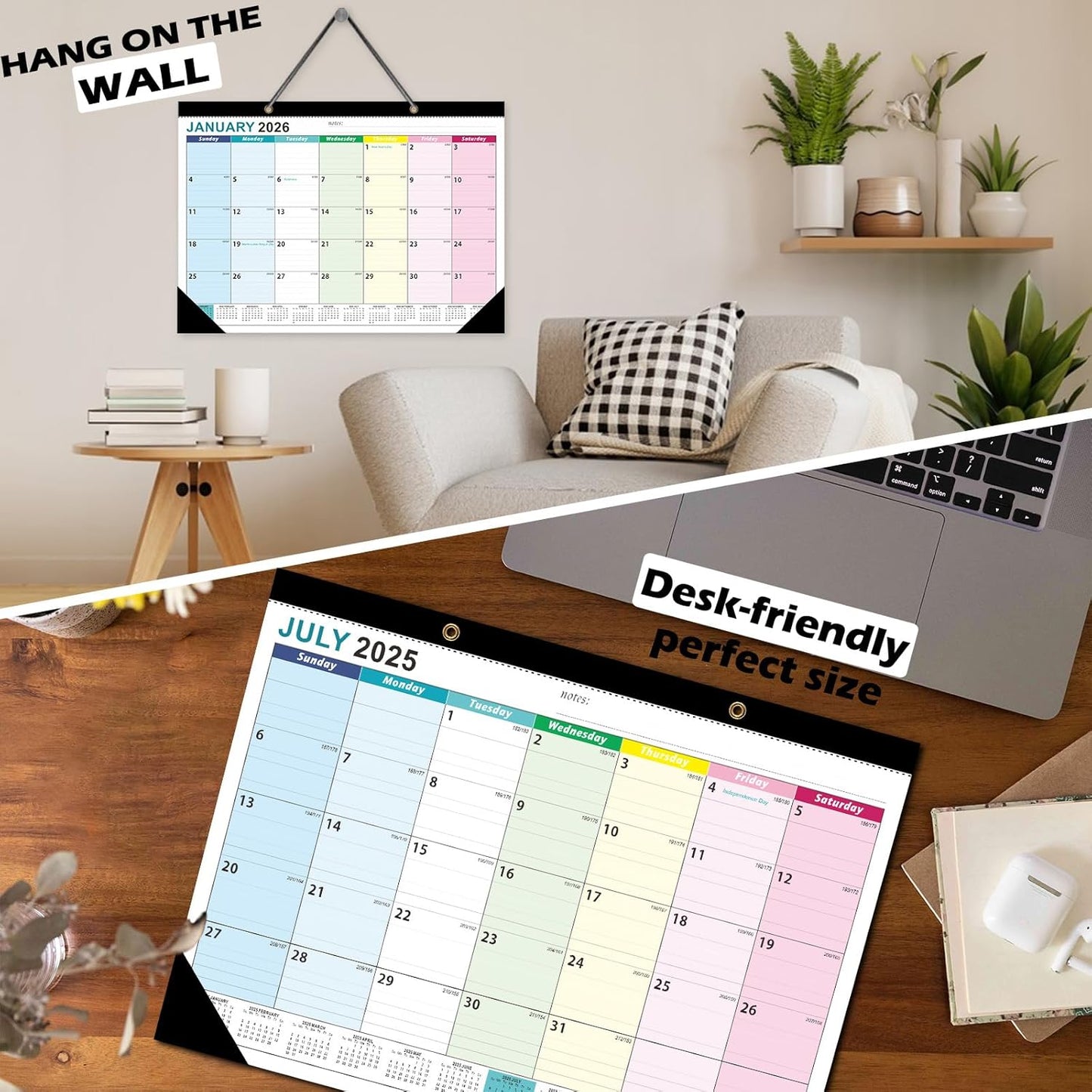 Desk Calendar 2025-2026,Monthly Planner from July 2025 to December 2026,Large 17" x 12",Clear Plastic Cover Desktop/Wall Calendar for Students Teachers & Schools(colorful)