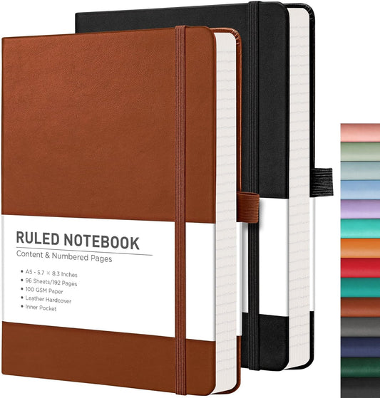 RETTACY Lined Journal Notebook, 2-Pack, 192 Numbered Pages per Pack, A5 Medium Size (5.7'' x 8.3''), for Men & Women, Writing, Work, Leather Hardcover, 100 GSM Thick Paper (Black & Brown)