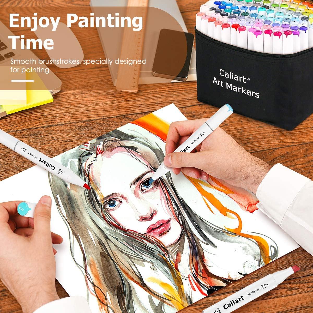 Caliart 180 Colors Fine & Chisel Alcohol Markers for Adult Coloring Book, Dual Tip Artist Sketch Art Markers, Aesthetic Cute Preppy Stuff School Supplies, Pens for Lettering Drawing Cards Planner