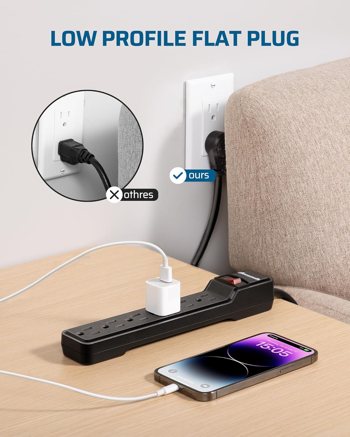 DEWENWILS 15 Foot Long Power Strip, 6-Outlet Power Strip 15FT, 15 Amp Circuit Breaker, Low Profile Flat Plug, Surge Protector for Office, Living Room, Bedroom, 4 Pack, Wall Mount, Black