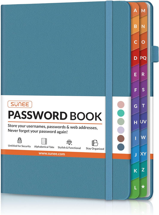 SUNEE Password Book with Colorful Alphabetical Tabs, Password Books for Seniors, Password Keeper Book for Computer and Internet Address Website Login, 5.3''x 7.7''- Petrol