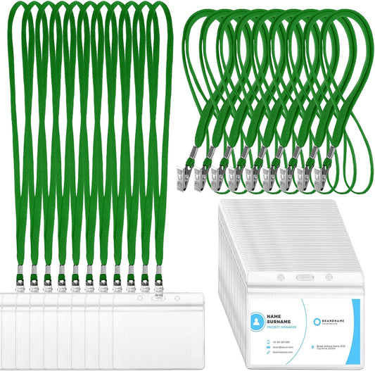 Marspark 100 Sets Clear Name Tags with Lanyard, Lanyards for ID Badges Reusable Strap with ID Holder Plastic Name Badges for Adults Business School Church Conference (Dark Green)