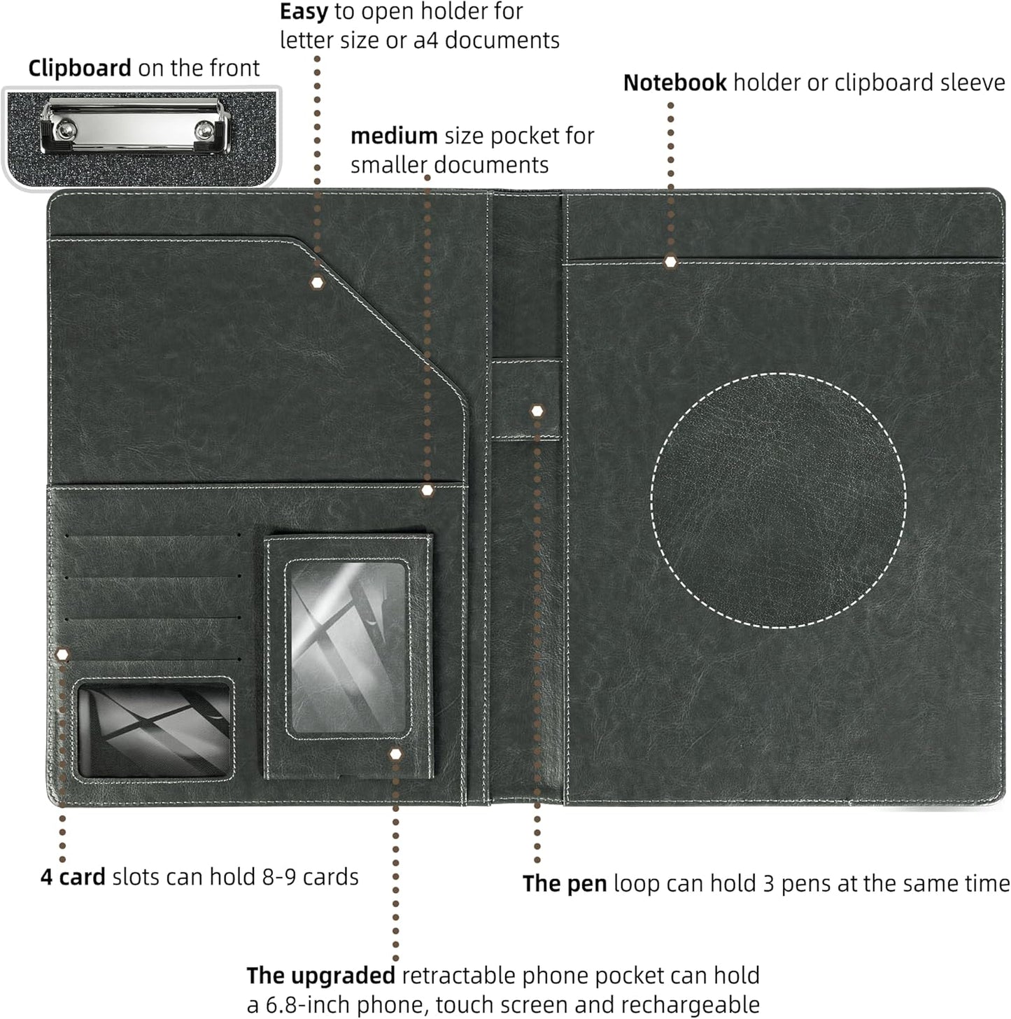 Leather Padfolio with Clipboard Folio Folder Padfolios for Women Black Sparkle Binder with Notepad