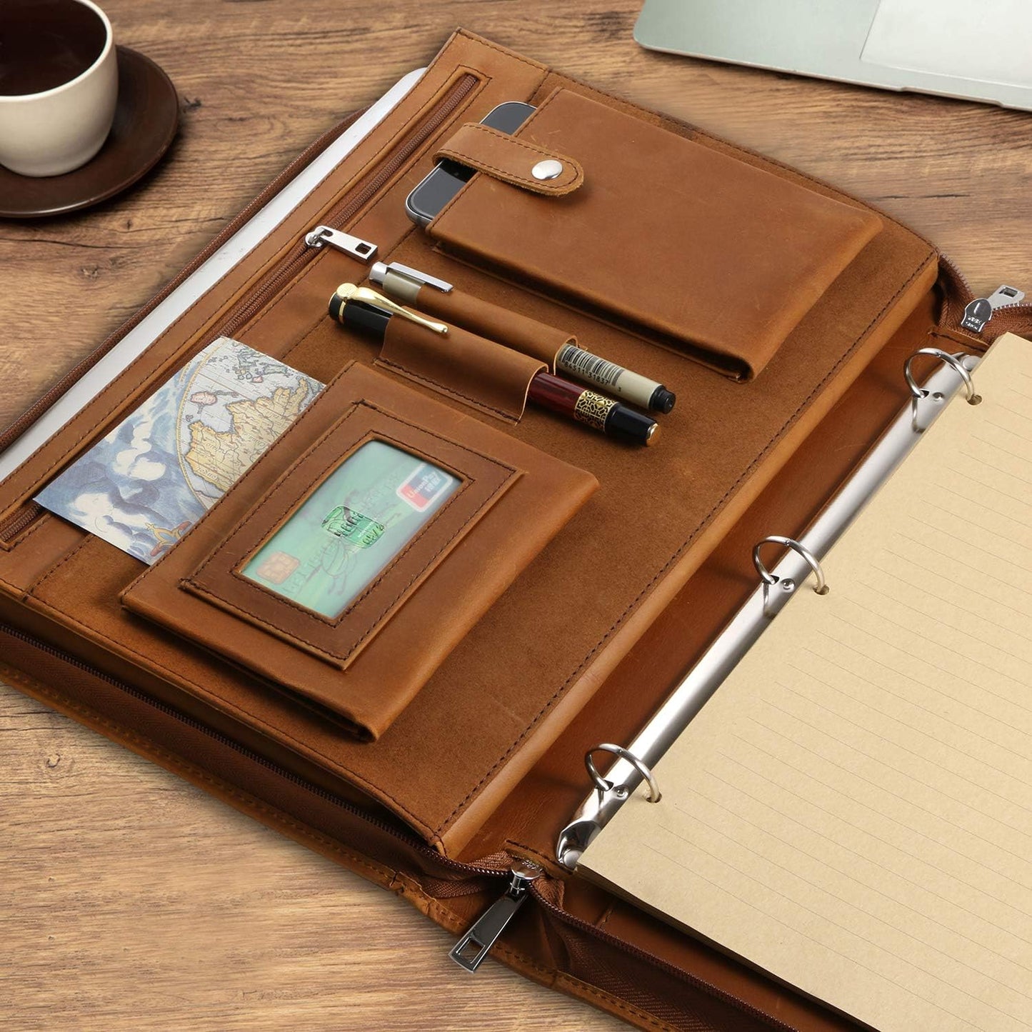 Professional Leather Business Padfolio Portfolio Case, 3 Ring Binder,Zippered Business Document Organizer Tablet Holder Folder Case,with Letter Size Notepad (Brown Upgraded version)