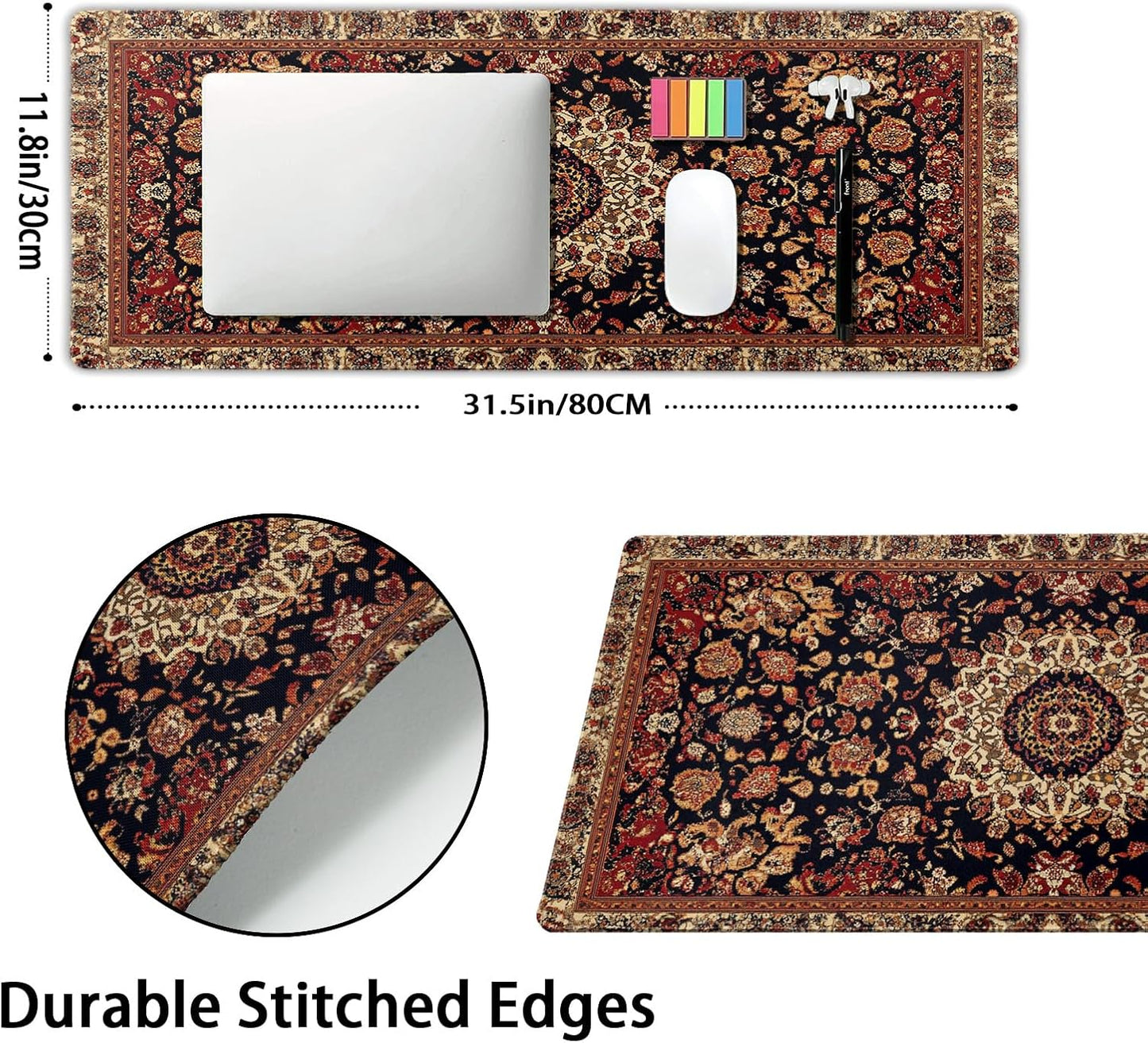 Vintage Rug Gaming Mouse Pad XL Dark Brown Retro Carpet Aesthetic Extended Large Mat Mousepad Desk Pad Non-Slip Rubber Base Stitched Edge Flower Keyboard Pad Playmat for Computer,31.5×11.8 Inch