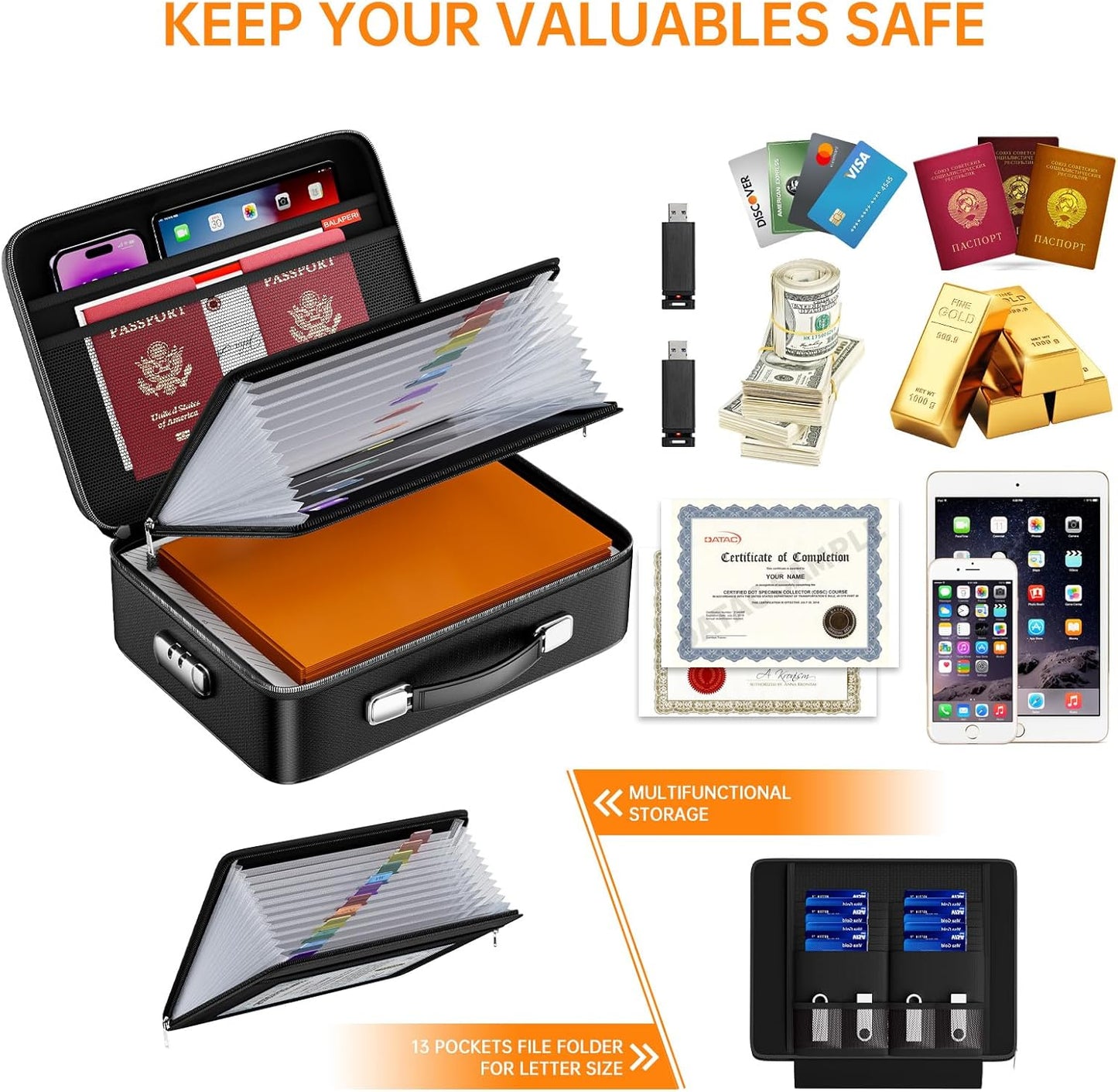 Fireproof File Organizer with Fireproof Zipper,Fireproof Document Box Hard Case with Lock,Portable Document Safe for Important Document Laptop Valuables(Black,15.8"x4.8"x12.6")