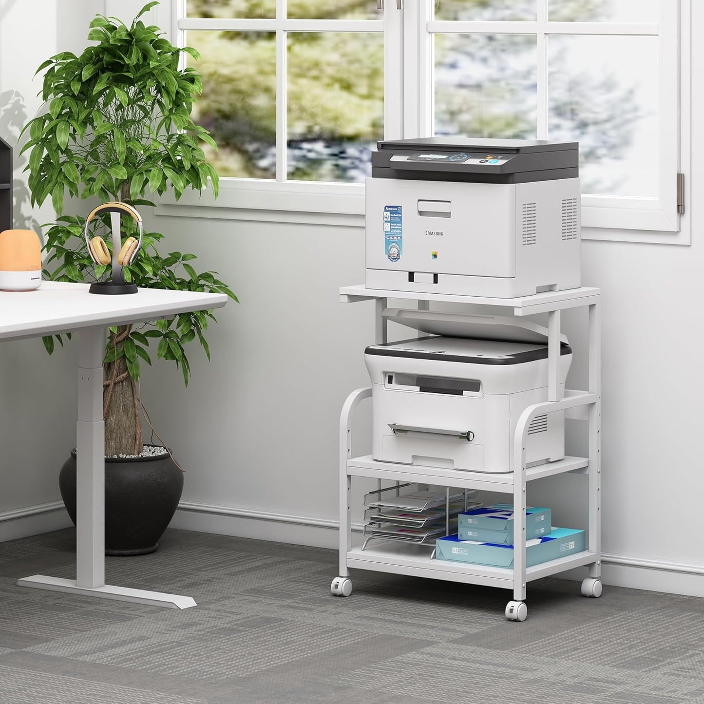 White Printer Stand with Storage, 3 Tier Printer Table with Height Adjustable Shelf, Rolling Printer Cart with Wheels for Home Office Organization
