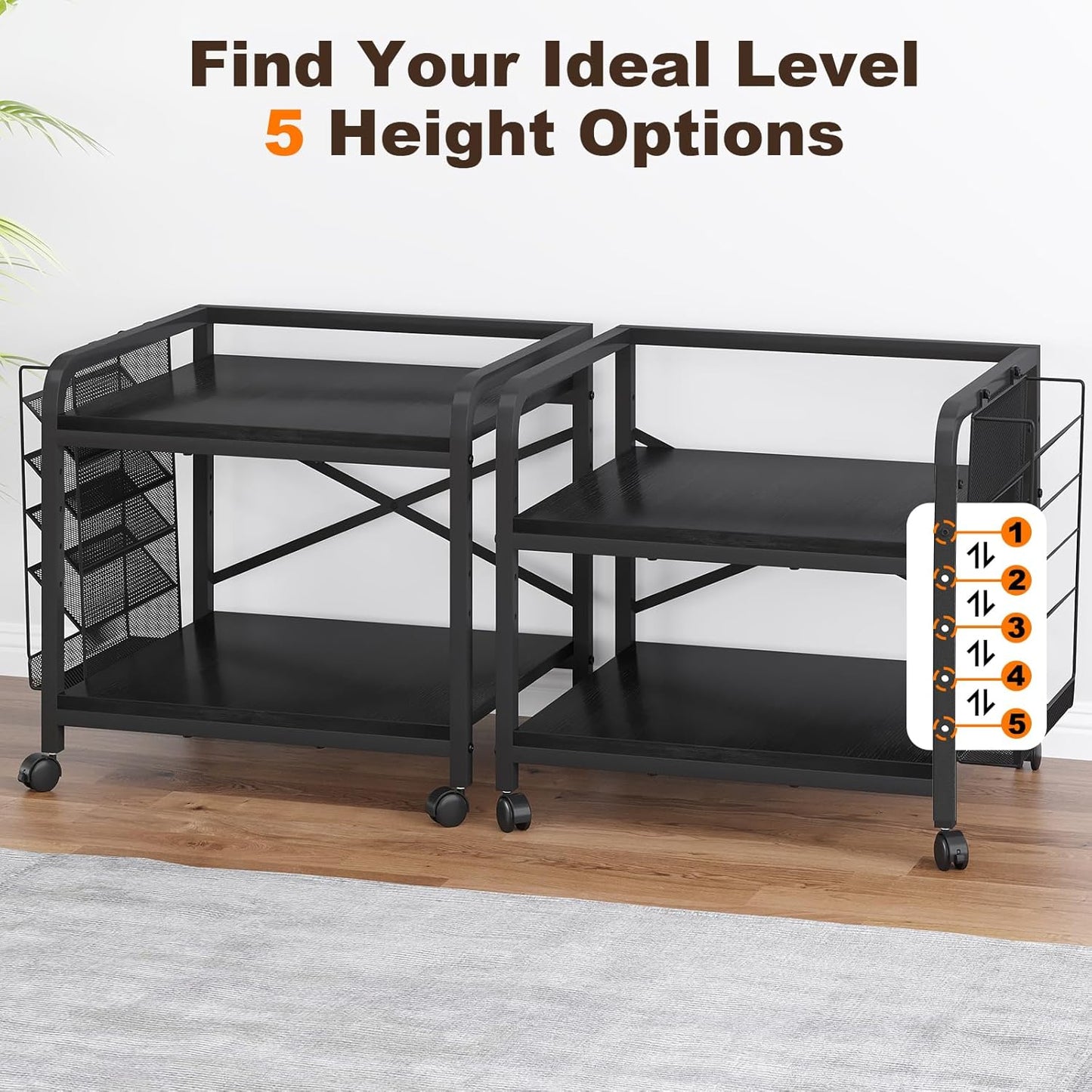 EasyCom 24"x20" Large Printer Stand with Hanging File Holder Organizer, Adjustable Height Shelf with Wheels, Under Desk Table with Storage for Printer Scanner Fax Home Office Use Black