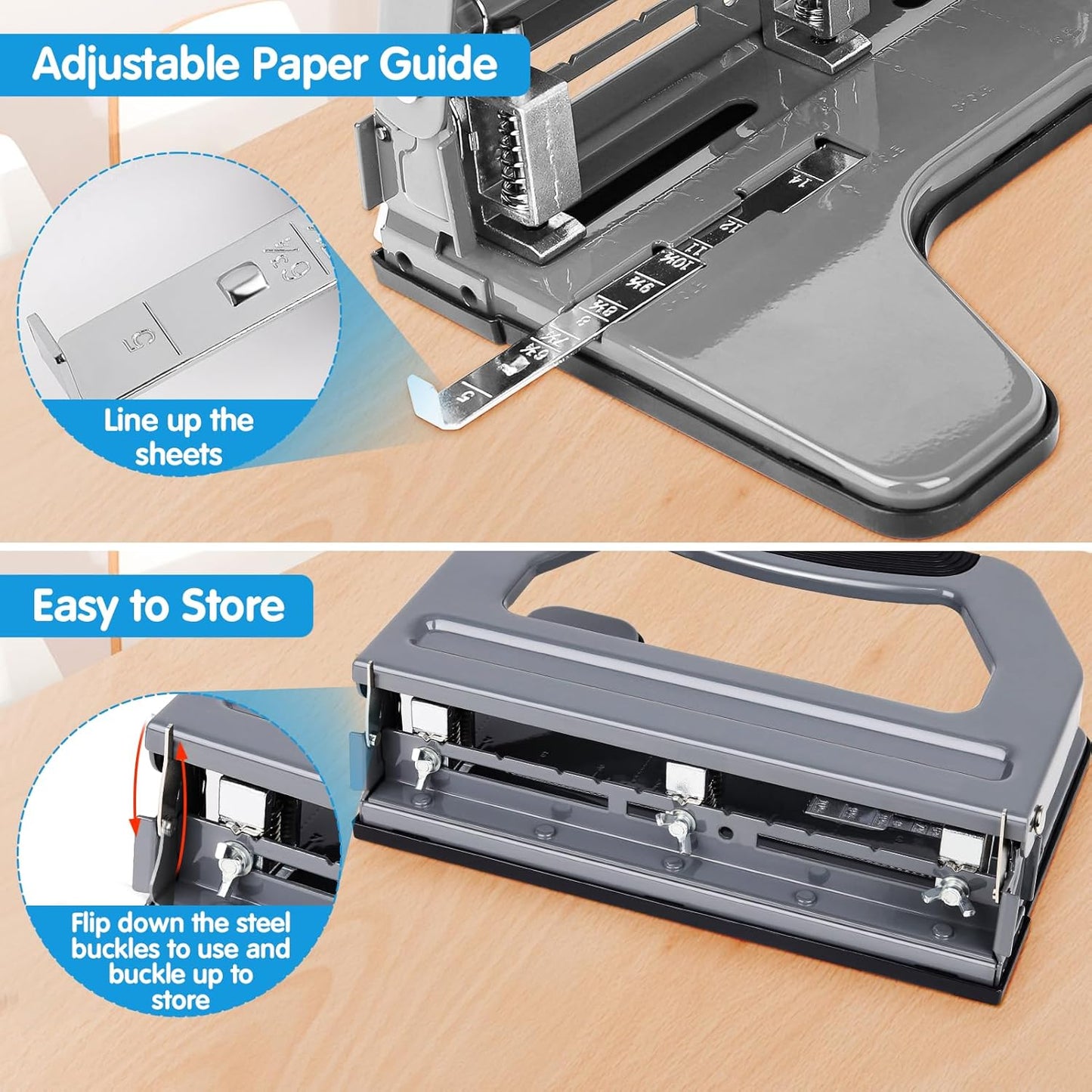 AFMAT Heavy Duty 3 Hole Punch, 50-Sheet, 50% Reduced Effort, Adjustable Two & Three Hole Punch, Metal Paper Puncher w/Large Chip Tray, Metal Paper Guide, Gray