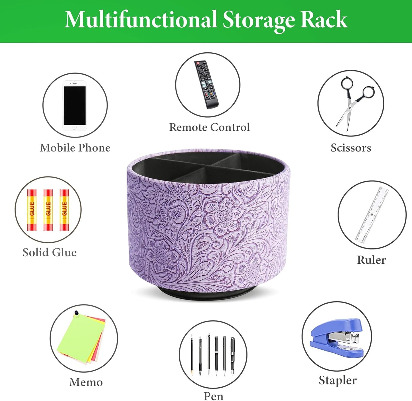 lizimandu Round Leather Art Supply Organizer,Remote Control Holder,360 Degree Spinning,Multi-Functional Pencil Holder,4 Compartments Desktop Stationary Organizer(1-Carved Puple)