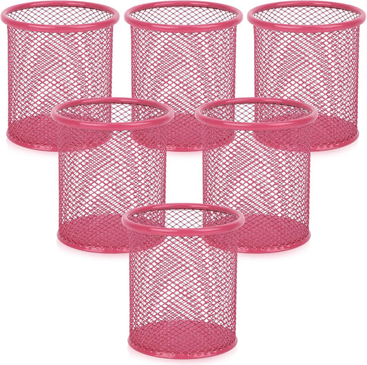 Segarty Pen Cup, 6 Pack Cute Dark Pink Pen Holder, Round Mesh Pencil Holder for Desk, Desktop Accessories Organizer for Office Supply, School, Home Storage, Makeup Brush Organization