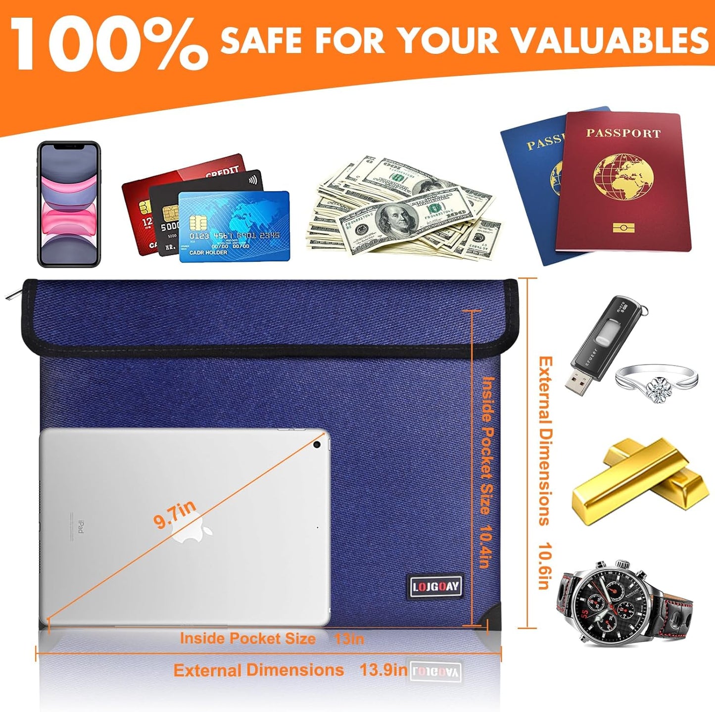 Fireproof Bag with 5200℉ Thermal Insulated, Waterproof Fireproof Box with Zipper, Fireproof Money Bag for Cash, Fireproof Safe Bags for Home Safe Bank Valuable Documents (13.9"x10.6", Blue)