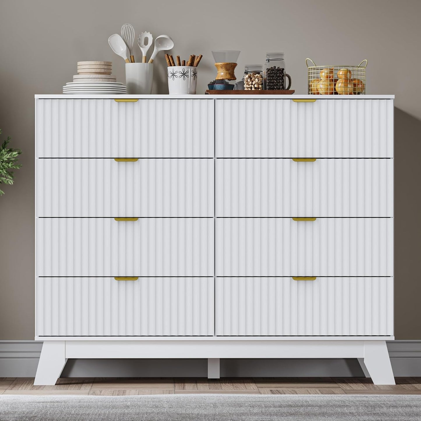 Fluted 8 Drawer Tall Dresser, 47.2" Wide Modern Boho Chest of Drawers, Wooden Storage Dresser TV Stand for Bedroom, Living Room, Closet, Hallway, Curved Profile Design