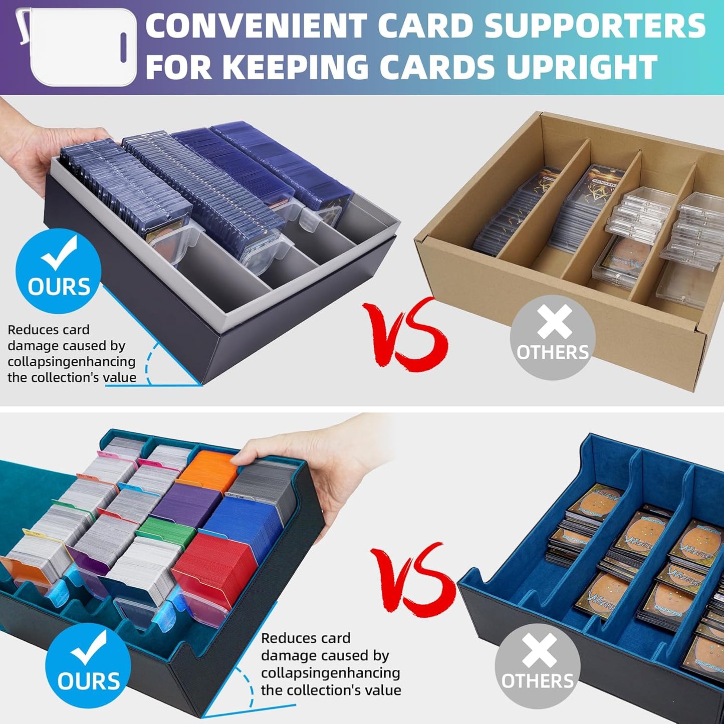 AFIING Trading Card Storage Box 6000+ Capacity – DIY Toploader Case w/ 24 Dividers & 8 Supports, Fits 3x4 Rigid Card,Deck Box for MTG TCG Sports Cards– Black & Cyan