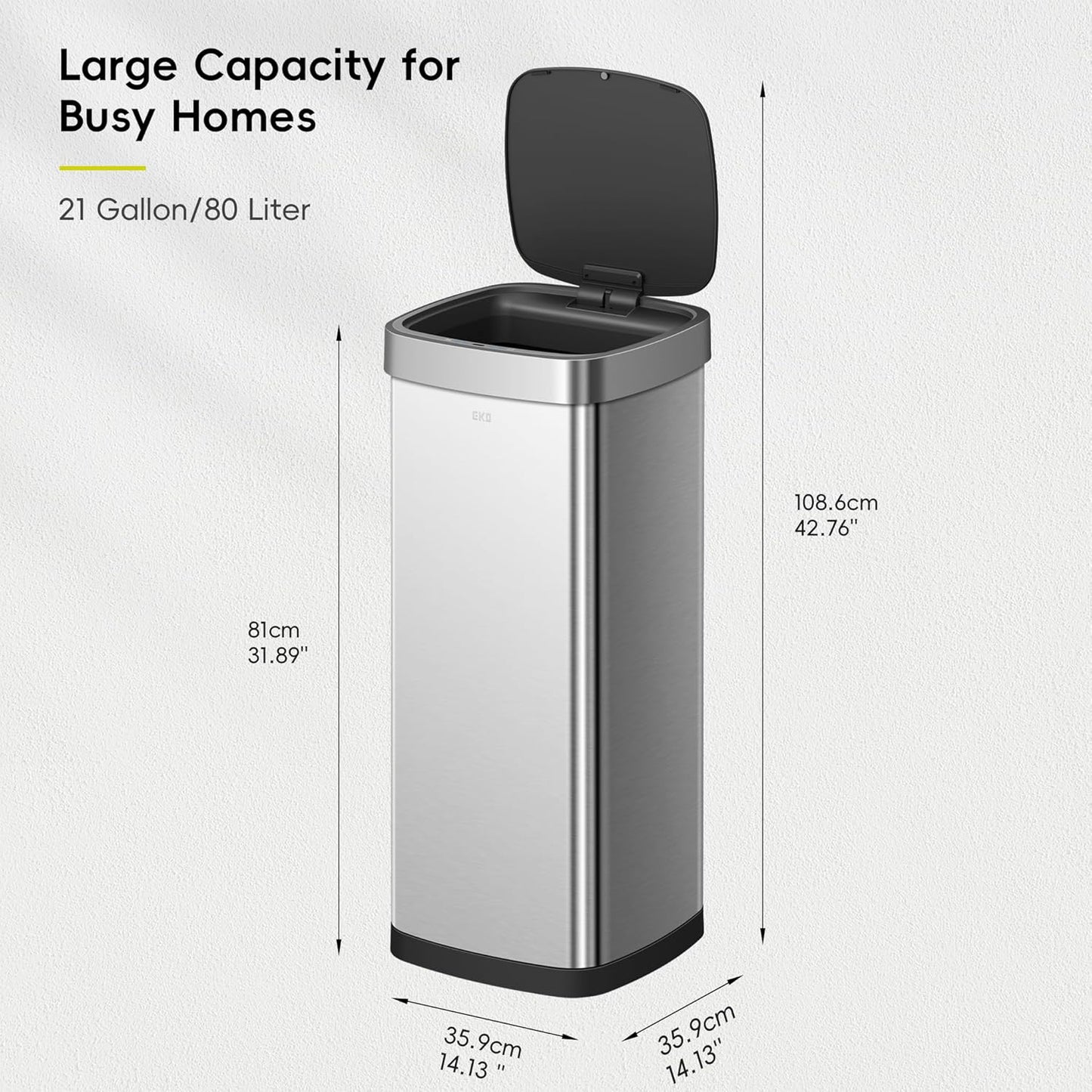 EKO EcoSmart Tall and Large Kitchen Trash Can, 80L/21.1G High Capacity, Touchless Soft Square Motion Sensor Garbage Can, Brushed Stainless Steel