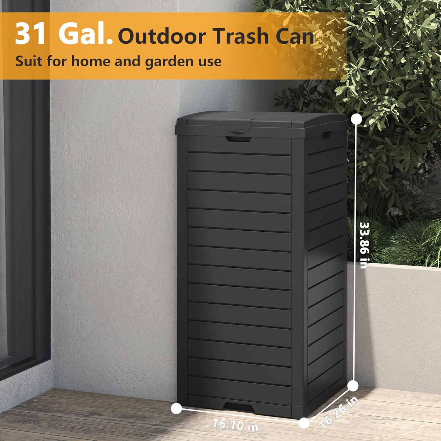 Outdoor Trash Can, 31 Gallon Garbage Can with Tiered Lid and Drip Tray, Waterproof Resin Patio Waste Bin for Garden, Backyard, Deck