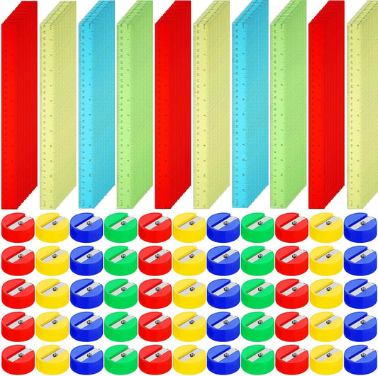 100 Pcs Plastic Rulers and 100 Pcs Mini Round Manual Pencil Sharpener Bulk, 4 Assorted Colors Pocket Sized Pencil Sharpeners Colorful Straight Ruler Back to School Supplies for Kids (Classic,12 Inch)